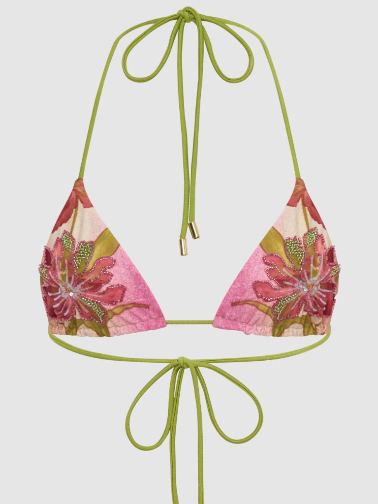Meshki Beaded Triangle Bikini Top- Camillea Flower Print Nwt